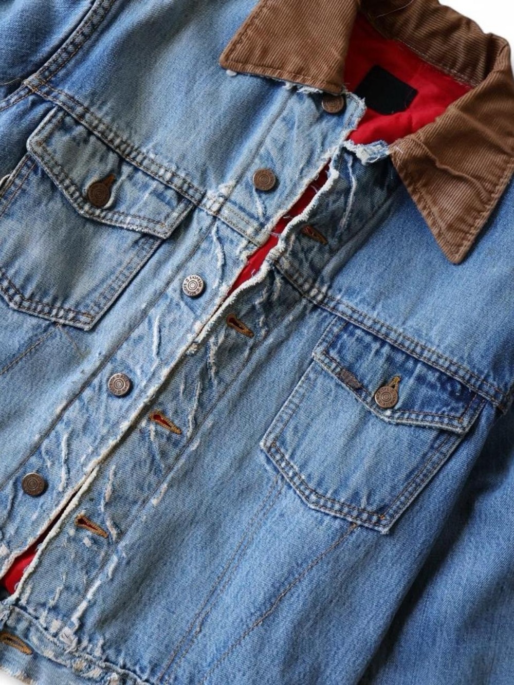 Classic Blue Denim Jean Jacket with Brown Corduroy Collar - Picture 2 of 8